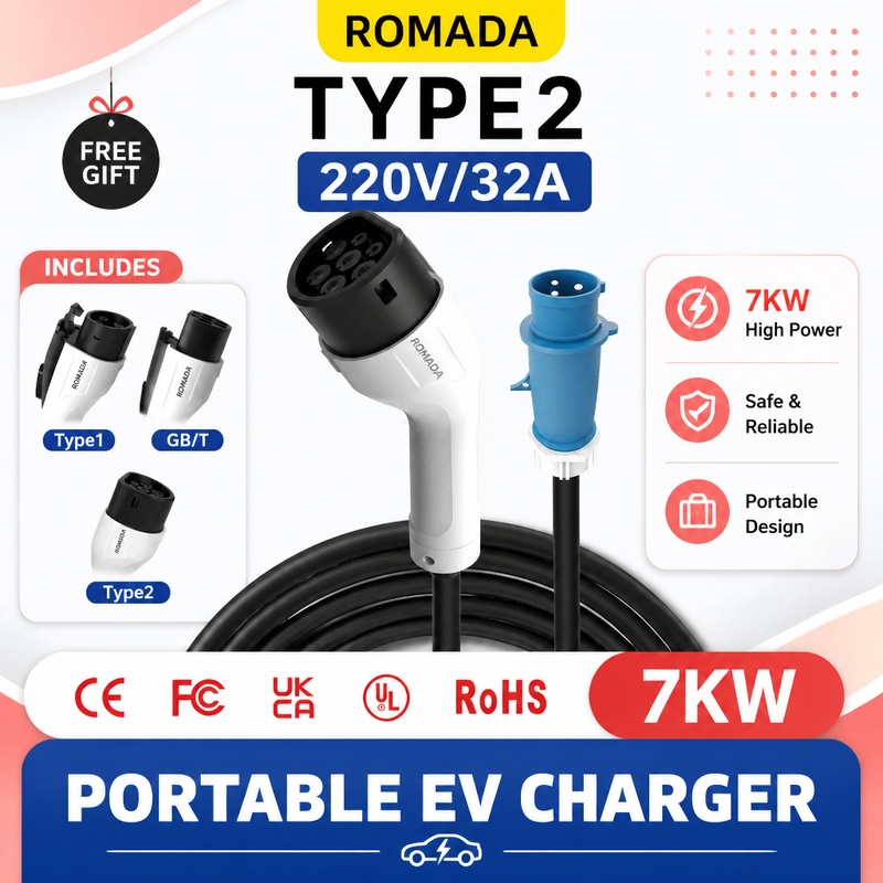 7KW ROMADA Electric Vehicle Po - Portable Ev Charger 32A Type 2 Cee Plug review and price